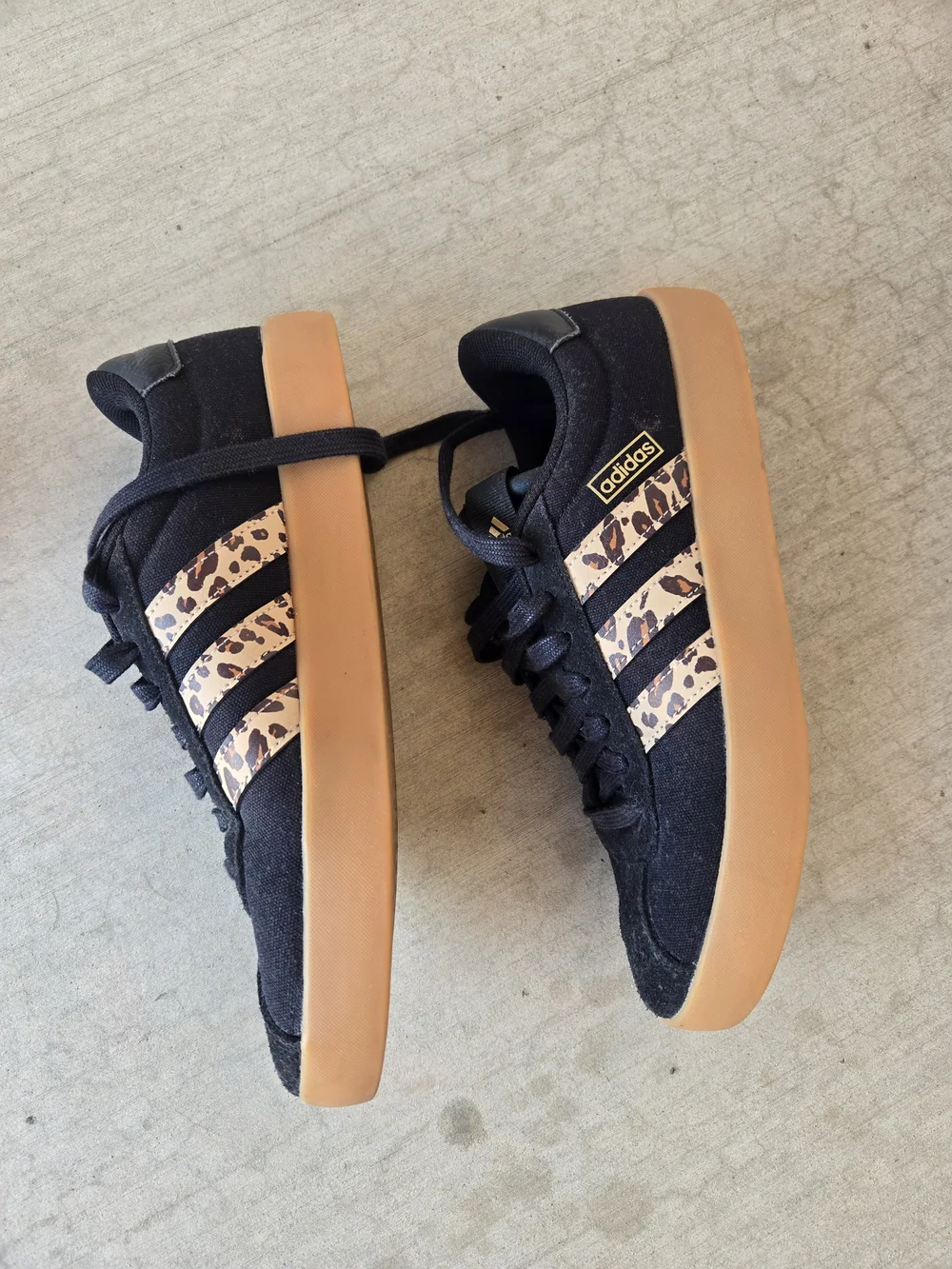 adidas Women’s Black Sneakers with Leopard Print Stripes and Gum Sole